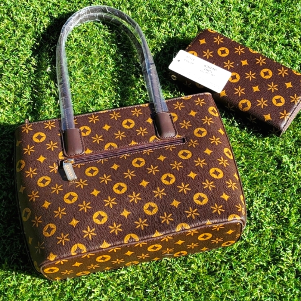 NWT Small Tote + Matching Wristlet Wallet Brown w/ Gold Colored Embellishments